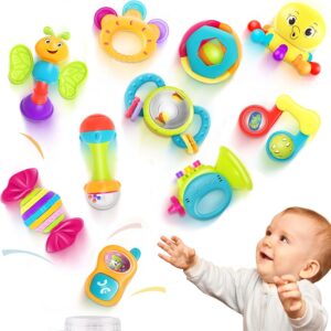 iPlay, iLearn 10pcs Baby Rattles Toys Set, Infant Grab Shake Rattle, Sensory Teether, Babies Development Learning Music Toy, Newborn First Christmas Gifts 0 1 2 3 4 5 6 7 8 9 10 12 Month Boy Girl